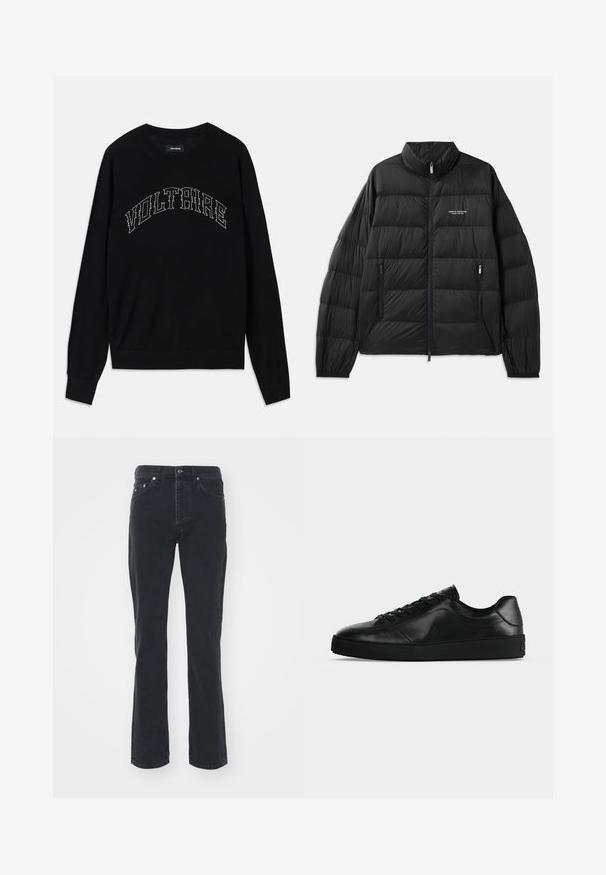 Doudoune noire avec un design matelassé, col haut, fermeture zip sur toute l'avant, et deux poches zippées. Avec logo sur la poitrine gauche.; Pull noir avec un col rond et des manches longues. "VOLTAIRE" en couture contrastée sur la poitrine. Texture douce et design ajusté.; Jeans en denim noir avec une coupe droite, comportant cinq poches et une fermeture à bouton. Le tissu a une texture subtile et une finition robuste.; Sneaker noir en cuir à profil bas avec lacets sur le devant et semelle plate texturée, montré de profil sur un fond neutre.