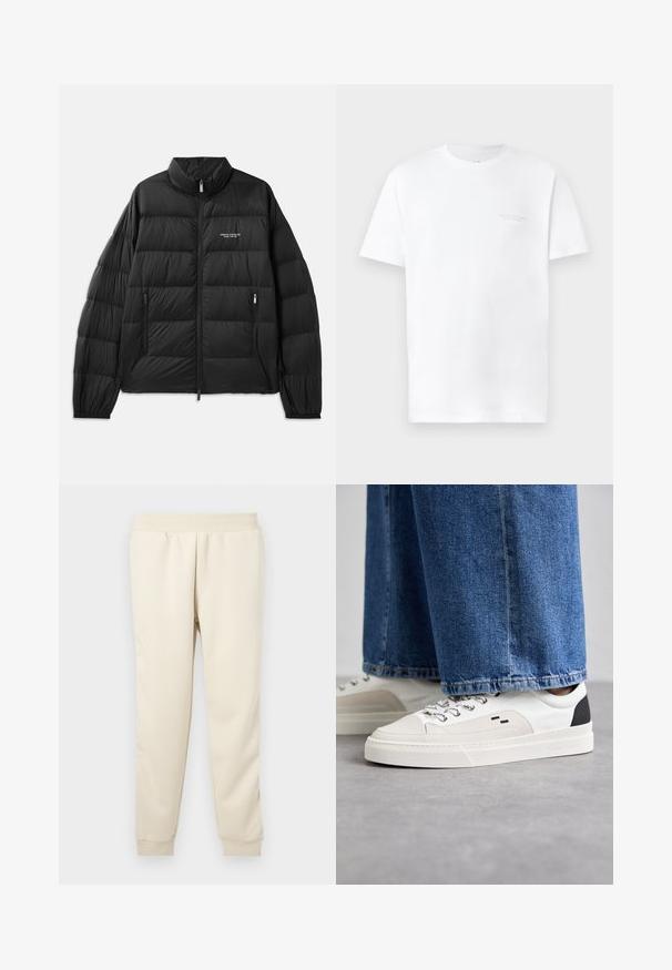 Sort pufferjakke med quiltet design, høj krave, fuld frontlynlås og to lynlåslommer. Har logo på venstre bryst.; Hvid bomulds t-shirt med korte ærmer, rund halsudskæring, der har et diskret gråt logo print på venstre bryst og en glat overflade.; Lys beige sweatpants lavet af blødt materiale med en tætsiddende design, elastisk talje og manchetter ved anklerne. Ingen synlige mønstre eller accenter.; Hvide og sorte sneakers med en glat læderoverdel, teksturerede detaljer og en kraftig hvid sål. Har et klassisk snørebåndsdesign.