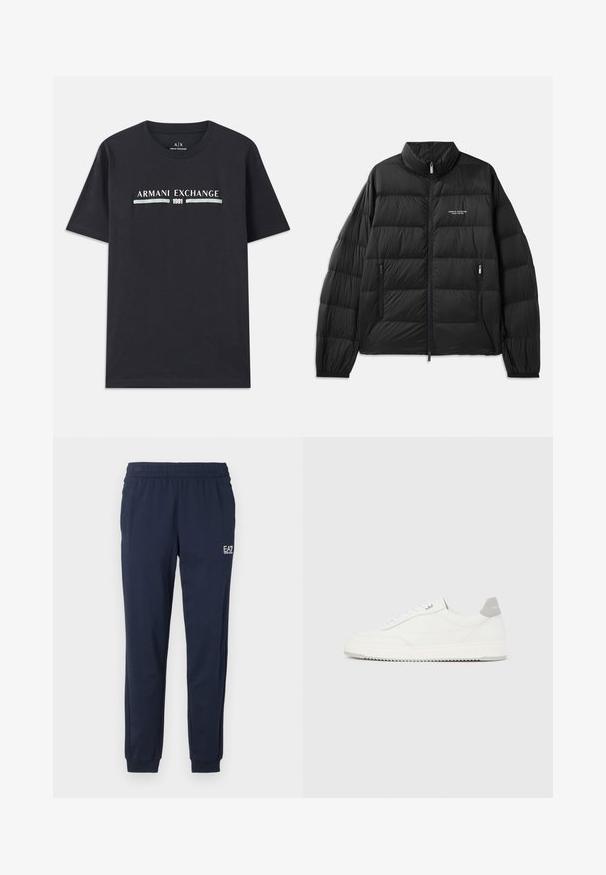 Zwarte pufferjack met een gewatteerd ontwerp, hoge kraag, volledige rits aan de voorkant en twee ritszakken. Bevat logo op de linkerbovenborst.; Zwarte katoenen t-shirt met het logo "Armani Exchange" en "1991" in witte en lichtblauwe tekst op de borst. Korte mouwen, ronde hals.; Marineblauwe sweatpants met een elastische tailleband en boorden. Voorzien van een klein wit logo op het linkerpant. Gemaakt van een zachte, rekbare stof.; Witte lage sneaker met grijze hielpatch, witte veters en een gestructureerde zool, gepresenteerd op een effen lichte achtergrond.
