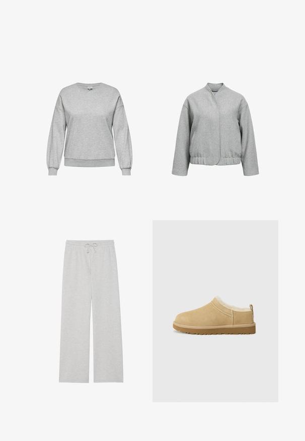 Graue Wolljacke mit lässiger Passform, Druckknopfverschluss, seitlichen Taschen und cropped Saum. Sie verfügt über eine weiche Textur und ein minimalistisches Design.; Grauer Sweatshirt aus einem Baumwollmischmaterial, mit Rundhalsausschnitt, langen Ballonärmeln und gerippten Bündchen und Saum.; Hellgraue Jogginghose aus weichem Baumwoll-Mix, mit weitem Beinschnitt, elastischem Bund und verstellbarem Kordelzug, sowie ohne Taschen.; Suede Slipper in hellbraun, ausgestattet mit einem weichen Fellfutter und einer strukturierten Gummisole mit einem leichten Absatz sowie einer Zugschlaufe hinten für einfaches An- und Ausziehen.