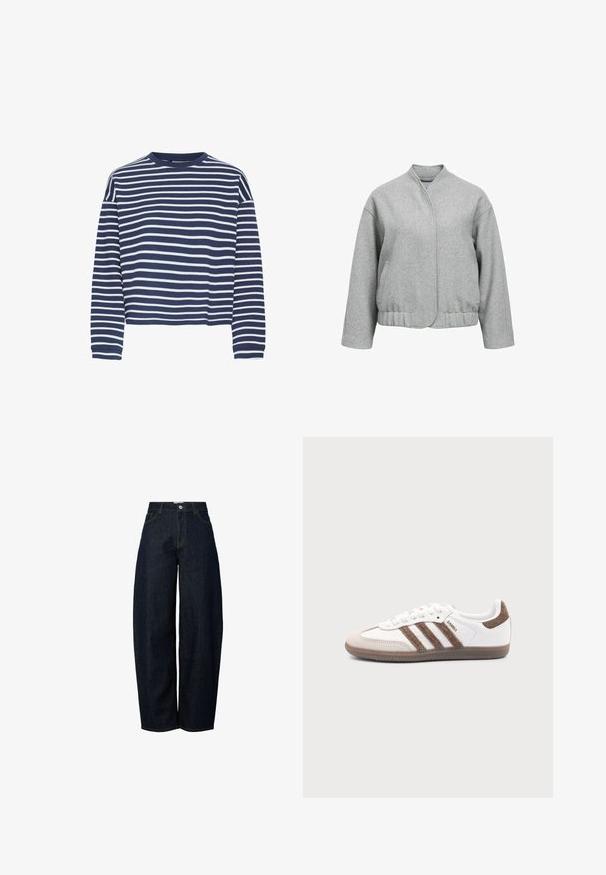 Grijze wollen jas met een relaxte fit, drukknoopsluiting, zijzakken en een verkorte zoom. Kenmerkt zich door een zachte textuur en een minimalistisch ontwerp.; Donkerblauwe langwerpige top met witte horizontale strepen, ronde hals en cropped zoom. De stof lijkt zacht met een textuur afwerking.; Wijde donkerblauwe denim jeans met een hoge taille, afgewerkt met contrasterende oranje stiksels en een knoopsluiting aan de voorkant.; Witte Adidas Samba sneaker met bruine suède strepen, bruine rubberen zool en beige suède neuskap, getoond vanaf de buitenkant op een effen achtergrond.