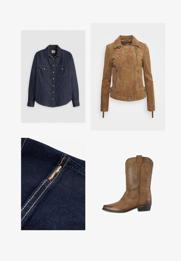 Braune Wildlederjacke mit figurbetontem Schnitt, Reißverschluss vorne, Seitentaschen und dekorativen Schnallen an den Bündchen. Strukturierte Oberfläche durchgehend.; Dunkelblaues Denim-Hemd mit langen Ärmeln, knöpfbarem Frontverschluss, zwei Brusttaschen mit Klappen und kontrastierendem gelben Stich.; Next REGULAR FIT - WIDE LEG - Flared Jeans - rinse blue; Brauner Leder-Cowboystiefel bis zur Mitte der Wade mit dekorativer Naht, rundem Zehenbereich, Zuglasche oben und niedrigem Absatz.