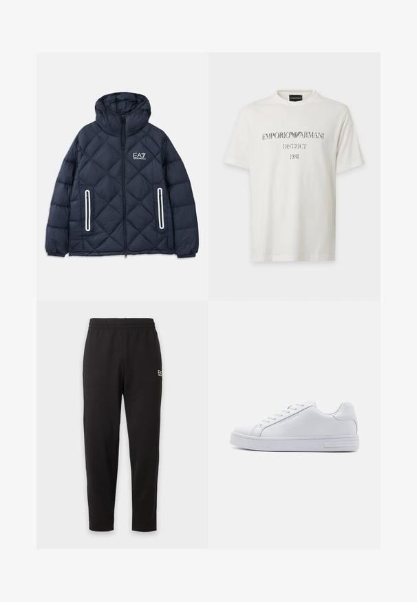 Chaqueta acolchada tipo puffer de color azul marino con capucha, cremallera frontal, dos bolsillos verticales con cremallera y ribete blanco, y logo de EA7 Emporio Armani en el pecho.; Camiseta blanca de manga corta con texto "EMPORIO ARMANI DISTRICT 1981" negro y logo centrados en el pecho.; Pantalones de chándal negros con cintura elástica, piernas estrechas y un pequeño logo blanco en la parte superior del muslo izquierdo.; Zapatilla de cuero blanca con una textura suave, puntera redonda, cierre de cordones en la parte delantera y suela de goma plana. Presenta un logo en relieve en el talón.
