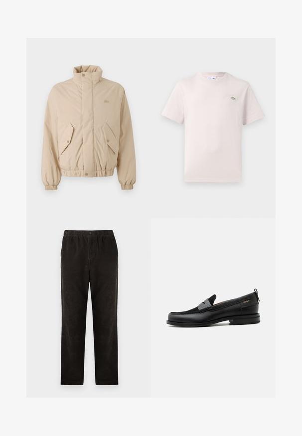 Beige gewatteerde jas met een hoge kraag, elastische manchetten en twee schuine voorzakken. Bevat het merklogo in bijpassende kleur geborduurd.; Lichtroze katoenen t-shirt met een ronde hals, korte mouwen en een geborduurd Lacoste-logo in het groen op de borst. Zachte textuur.; Zwarte corduroybroek met een recht model, uitgerust met een elastische tailleband en een enkele knoopsluiting. Glad oppervlak, minimale details.; Zwarte leren loafer met grijs riemdetailelement, lage hak en gestructureerde zool, aan de zijkant gebrandmerkt met "HUGO" in goud.