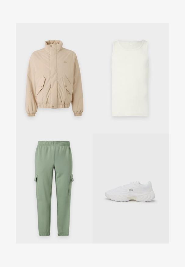 Chaqueta acolchada beige con cuello alto, puños elásticos y dos bolsillos frontales en ángulo. Presenta el logotipo de la marca bordado en un color a juego.; Camiseta sin mangas de algodón blanco con escote redondeado, tirantes anchos y forma ajustada. Textura suave, sin patrones ni adornos.; Pantalones de chándal verde claro con cintura elástica, piernas ajustadas y dos bolsillos laterales tipo cargo. Hechos de una tela suave y transpirable.; Zapatillas blancas con parte superior texturizada, puntera redonda y suela gruesa. Incluyen cordones y un pequeño logo en el lateral. Acabado liso.