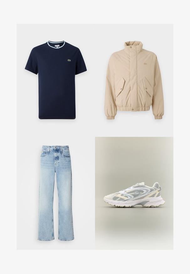Beige-padded takki korkealla kauluksella, joustavilla hihansuilla ja kahdella kulmikkaalla etutaskulla. Ominaisuuksiin kuuluu brändilogo, joka on ommeltu matching-värillä.; T-paita tummansinisestä puuvillasta, vaaleansinisellä ribsireunalla. Rinnassa pieni vihreä krokotiililogot. Lyhythihainen malli.; Vaaleansiniset leveät farkut korkealla vyötäröllä, joissa on haalistunut pinta, vyölenkit ja klassinen viisi-taskumalli. Helmassa on raaka viimeistely.; Valkoinen urheilukenkä, jossa on harmaat verkkomateriaalit, tekstuuripinnoitteet, pehmustettu kaulus ja kumipohja, jossa on pieniä pitoispiikkejä.