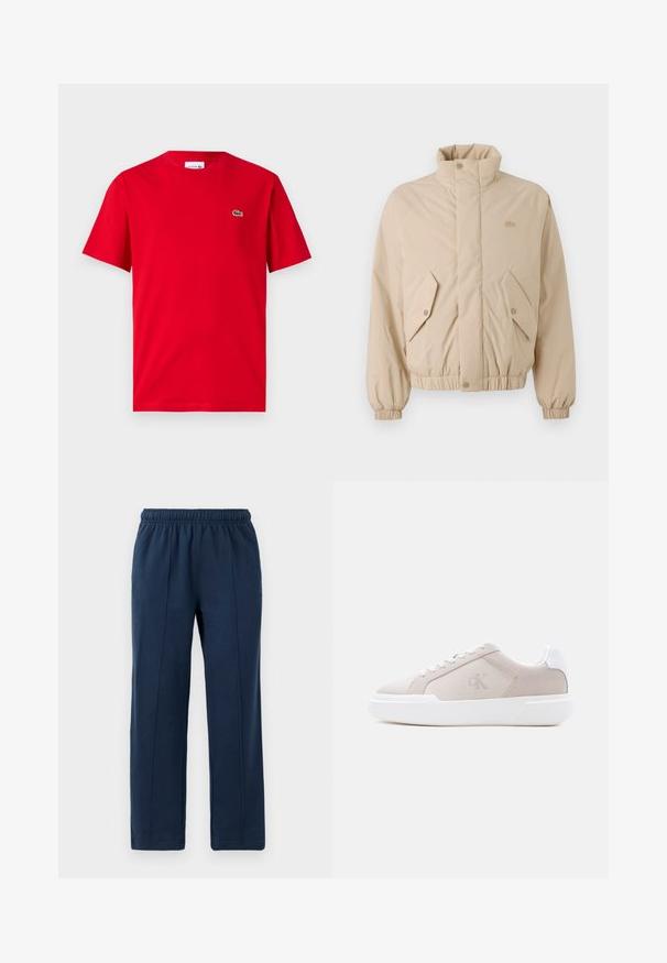 Beige gepolsterte Jacke mit hohem Kragen, elastischen Bündchen und zwei schrägen Fronttaschen. Verfügt über ein gesticktes Markenlogo in passender Farbe.; Rotes Baumwoll-T-Shirt mit kurzen Ärmeln, Rundhalsausschnitt und kleinem grünen Krokodil-Logo auf der linken Brust. Glatte Textur, lässige Passform.; Marineblaue Hosen mit elastischem Bund und entspannter Passform. Mit vertikalen Nähdetails und weichem Baumwollstoff.; Beige Sneaker mit niedrigem Schnitt, weißer dicker Sohle, Schnürsenkeln und Fersenlasche, mit dezentem „cK“-Logo an der Seitenfläche.