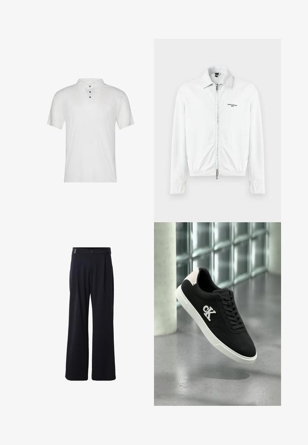 Weißes Cordjackett mit durchgehendem Reißverschluss, Kragen, Seitentaschen und dem Logo "Armani Exchange Milano" auf der Brust.; Weißes Poloshirt aus Baumwolle mit kurzen Ärmeln, einem Kragen und drei schwarzen Knöpfen vorne. Glatte Textur mit minimalem Branding.; Schwarze weite Hose mit Knopf- und Reißverschluss vorne, Gürtelschlaufen und seitlichen Taschen, auf weißem Hintergrund dargestellt.; Schwarzer Sneaker mit weißer Sohle, Wildlederakzenten, Schnürsenkeln und gesticktem "CK"-Logo an der Seite. Glatte Textur mit sportlichem Design.