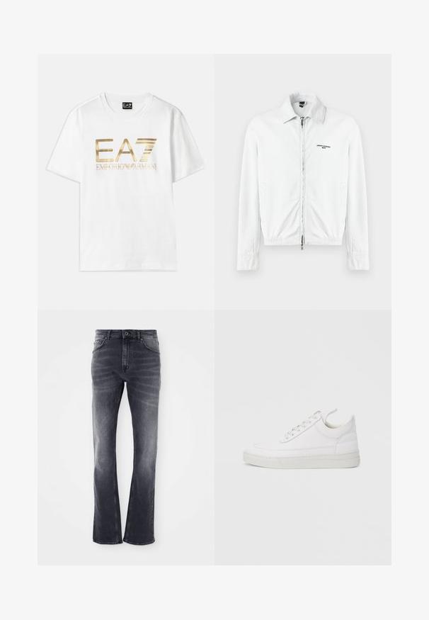 Biela kordurová bunda s plným predným zipsom, golierom, bočnými vreckami a logom "Armani Exchange Milano" na hrudi.; Biela bavlnená tričko s veľkým zlatým metalickým logom "EA7" a textom "EMPORIO ARMANI" pod ním, s krátkymi rukávmi a okrúhlym výstrihom.; Šedé denimové džínsy s rozšírenými nohavicami, s mierne vyblednutým povrchom, piatimi vreckami a predným zapínaním na gombík.; Biela kožená teniska s okrúhlou špičkou, plochou podrážkou a šnurovaním vpredu. Má švy a polstrovaný golier pre pohodlie.