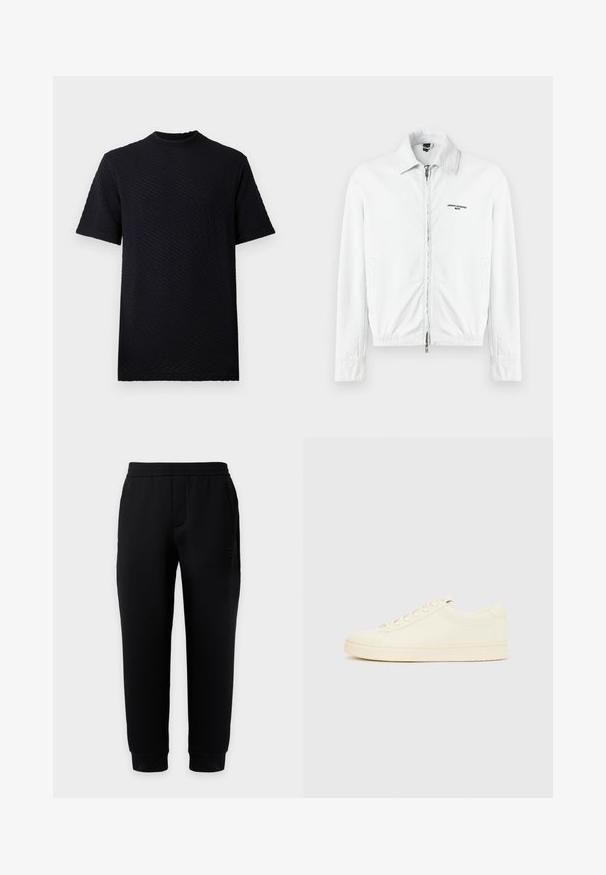Valge korkkangast jakk, millel on täispikk tõmblukk, krae, küljetaskud ja "Armani Exchange Milano" logo rinnal.; Musthave mustriga lühikeste varrukatega T-särk, millel on reljeefne, laineline muster ja ümmargune kaelus. Valmistatud pehmest kangast, mis on hästi istuv ning ilma nähtava brändimisteta.; Mustad kitsenevad dressipüksid elastse vöökoha ja mansettidega, küljetaskud ning peen logo paremal reiel tasasel taustal.; Kreemitonides spordijalats sileda nahkpealsega, ümarate varvastega, ees paelusega ja tekstuuriga kummist talla. Minimalistlik disain, ilma logodeta.