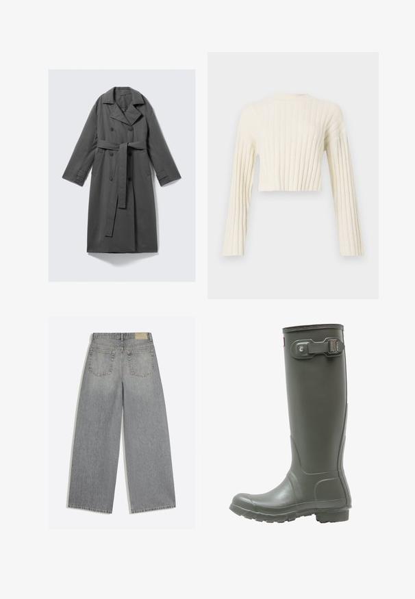 Grå trenchcoat med dobbeltknaplukning, bælte i taljen, bred klapkrave og sidelommer. Glat stof med mat finish.; Afklippet cremefarvet sweater med vertikal ribstruktur, lange ærmer og et enkelt rundhalsdesign. Blød stoffinish.; Grå vidbenede denimjeans der viser bagsiden med to lommer og bæltestropper lagt fladt på hvid baggrund.; Grønne gummistøvler i knæhøjde med en tekstureret sål, rund tå, justerbar spænde på siden og glat finish.