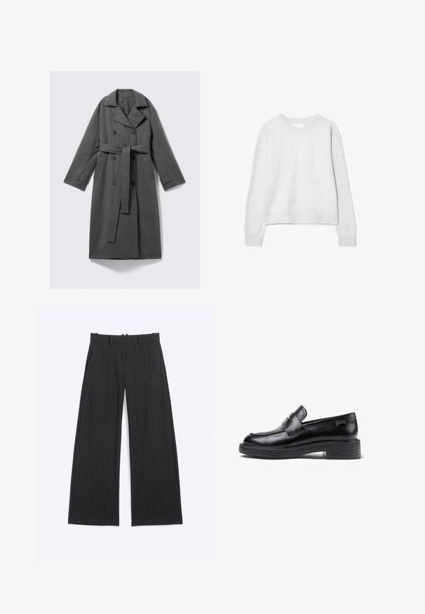 Grå trenchcoat med dobbeltknaplukning, bælte i taljen, bred klapkrave og sidelommer. Glat stof med mat finish.; Lysegrå langærmet crewneck-trøje med ribbede manchetter og kant, lavet af blødt strikket stof, vist på hvid baggrund.; Sorte vidde bukser med tynde hvide nålestriber, bæltestropper, forlommer og en skjult lukning foran.; Sorte læder loafers med en rund tå, der har et syet design og en kraftig gummisål. Accenteret med en dekorativ strop.
