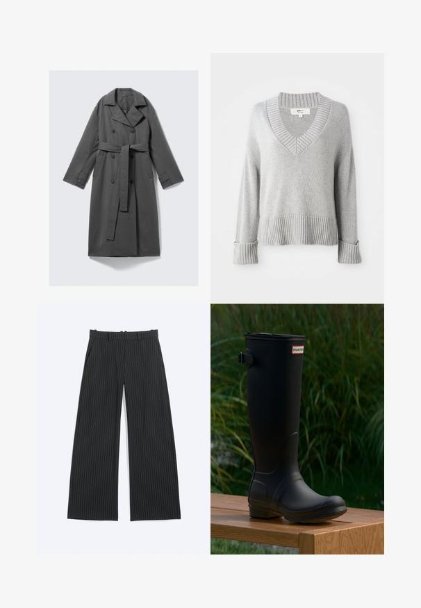 Grå trenchcoat med dobbeltknaplukning, bælte i taljen, bred klapkrave og sidelommer. Glat stof med mat finish.; Lys grå strikket uldblandingssweter med V-udskæring, ribfade manchetter, kant og halsudskæring, der viser foldede ærmeender.; Sorte vidde bukser med tynde hvide nålestriber, bæltestropper, forlommer og en skjult lukning foran.; Sort gummistøvle til knæene med rundt tå, let hæl og en spænde rem. Har "HUNTER" logoet på forsiden.