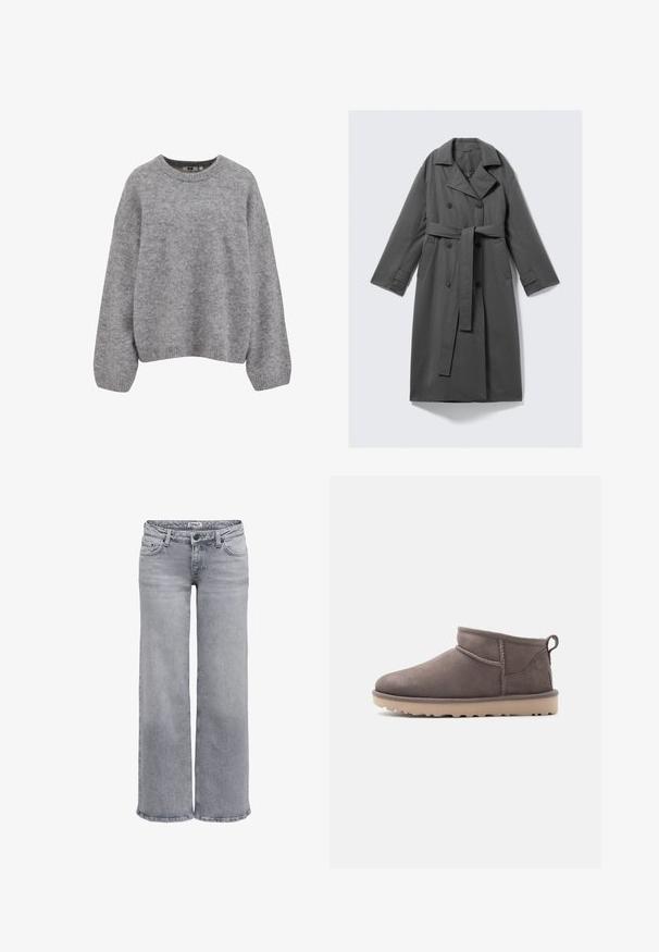 Grå trenchcoat med dobbeltknaplukning, bælte i taljen, bred klapkrave og sidelommer. Glat stof med mat finish.; Blød lysegrå strikket sweater med lange ærmer og ribbede manchetter, kant og rund halsudskæring.; Lysegrå jeans med vide ben lavet af denim. Har en standard taljebånd med bæltestropper, fem lommer og subtile falmede detaljer.; Lav brun ruskindssko med lav ankelhøjde, slidstærk sål og træksnor på en ensartet baggrund.