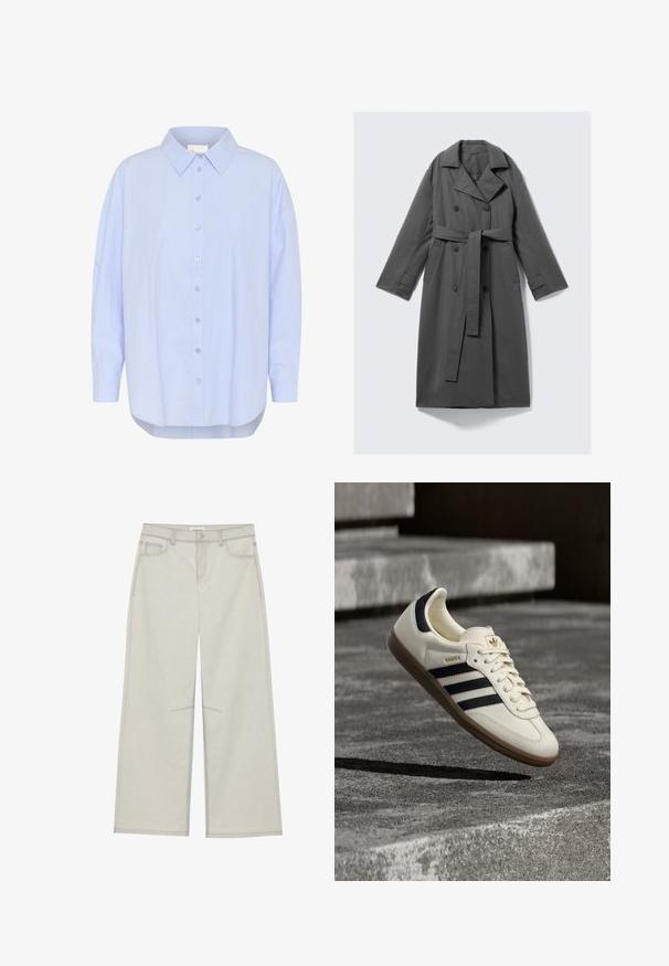 Abrigo gris con botón doble en el frente, cintura ceñida con cinturón, anchas solapas y bolsillos laterales. Tejido suave con un acabado mate.; Camisa de botón azul claro con cuello puntiagudo, mangas largas y dobladillo curvado. Textura suave con detalles de botones visibles.; Pantalones de pierna ancha gris claro con cinco bolsillos, cierre frontal de botón y costuras contrastantes a lo largo de las costuras. La tela parece suave y duradera.; Zapatilla blanca Adidas Samba con franjas negras y suela de goma, flotando sobre escalones de hormigón gris texturizado.