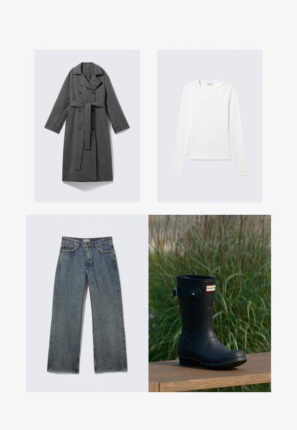 Manteau trench gris avec un devant double boutonnage, une taille ceinturée, un large col en forme de pointe et des poches latérales. Tissu lisse avec une finition mate.; T-shirt blanc uni à manches longues avec col rond et coupe slim, présenté sur un fond gris clair.; Jean en denim bleu à jambes larges avec une taille haute, un design à cinq poches et un léger effet usé sur le tissu. Étiquette de la marque visible sur la ceinture.; Botte de pluie en caoutchouc noir avec une finition brillante, dotée d'une boucle argentée et d'un écusson de logo. La semelle est texturée pour une meilleure adhérence.
