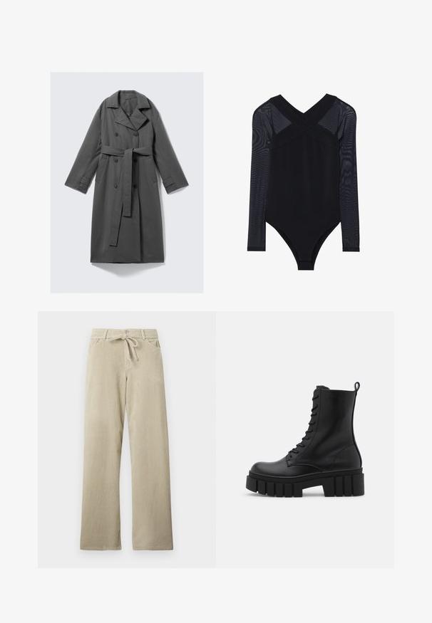 Grau Trenchcoat mit doppelreihiger Front, taillierter Weste, breitem Reverskragen und seitlichen Taschen. Glattes Material mit matter Oberfläche.; Schwarzer Bodysuit mit langen Mesh-Ärmeln, tiefem V-Ausschnitt und figurbetontem Design, das den glatten Stoff und die schlichte Konstruktion betont.; Beige weite Cordhosen mit Fronttaschen, Knopfverschluss, Gürtelschlaufen und einem gebundenen Stoffgürtel in der Taille.; Schwarze Lederknöchelstiefel mit klobiger, gerippter Sohle, Schnürung vorne und Zuglasche auf glattem weißen Hintergrund.