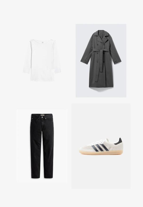 Abrigo gris con botón doble en el frente, cintura ceñida con cinturón, anchas solapas y bolsillos laterales. Tejido suave con un acabado mate.; Camiseta blanca de manga larga con un cuello amplio y redondeado y un cuerpo ajustado. Presenta un dobladillo recto y sin adornos, y tiene una textura suave y lisa.; Jeans negros de pierna recta con cierre de botones y cremallera, pasadores para cinturón y bolsillos delanteros y traseros, exhibidos de forma plana sobre un fondo blanco.; Zapatillas deportivas de malla blanca con diseño de tres franjas negras, punta redondeada y suela de goma color café. Cuentan con un cuello de talón suave y cierre de cordones.