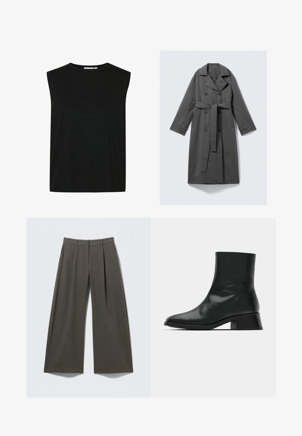 Grau Trenchcoat mit doppelreihiger Front, taillierter Weste, breitem Reverskragen und seitlichen Taschen. Glattes Material mit matter Oberfläche.; Schwarzes ärmelloses Oberteil mit rundem Halsausschnitt, aus einem gerippten Stoff gefertigt, mit lockerer Passform und geradem Saum, entworfen für Komfort.; Dunkelolivgrüne Hosen mit weitem Bein, Gürtelschlaufen, Vorderfalten, seitlichen Taschen und Reißverschluss vorne.; Schwarze Ankle Boots aus glänzendem Leder, mit einem eleganten Design, spitzer Zehenpartie und einem moderaten Blockabsatz für Stabilität.