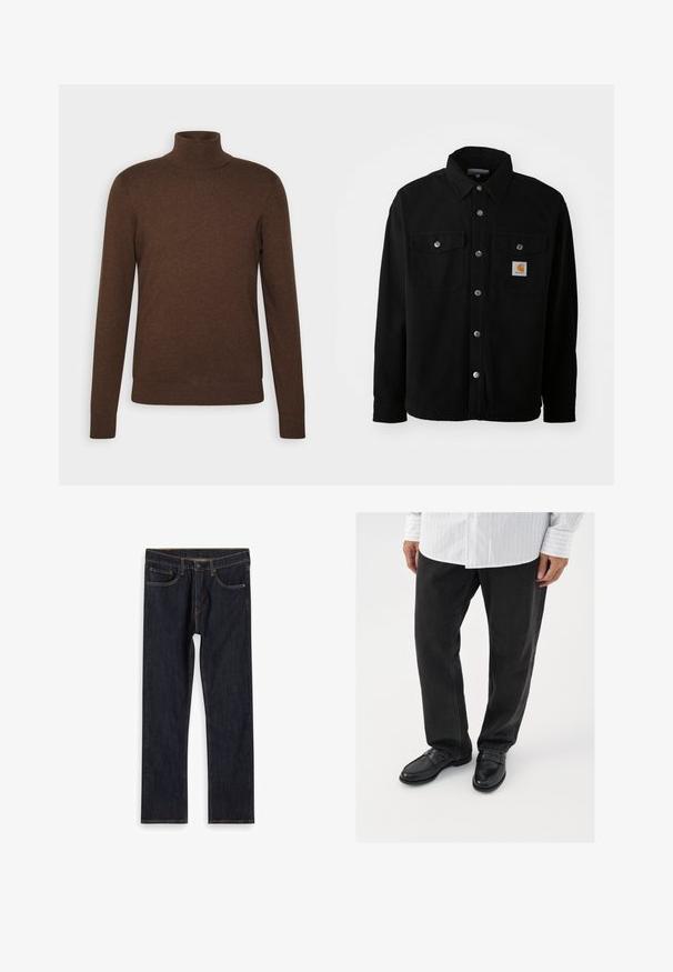 Chaqueta de camisa de algodón negra con cuello puntiagudo, botones de metal, dos bolsillos en el pecho y un parche cuadrado del logo en el bolsillo izquierdo.; Suéter marrón de cuello de tortuga hecho de material suave, con mangas largas, un diseño ajustado y detalles acanalados en el cuello y el dobladillo.; Jeans de mezclilla rectos de color azul oscuro con bolsillos frontales, lazos para cinturón y costuras naranjas en contraste, dispuestos sobre un fondo blanco.; Pantalones de mezclilla negros combinados con mocasines negros brillantes. La camisa es blanca con finas rayas verticales, de mangas largas y con cuello abotonado.