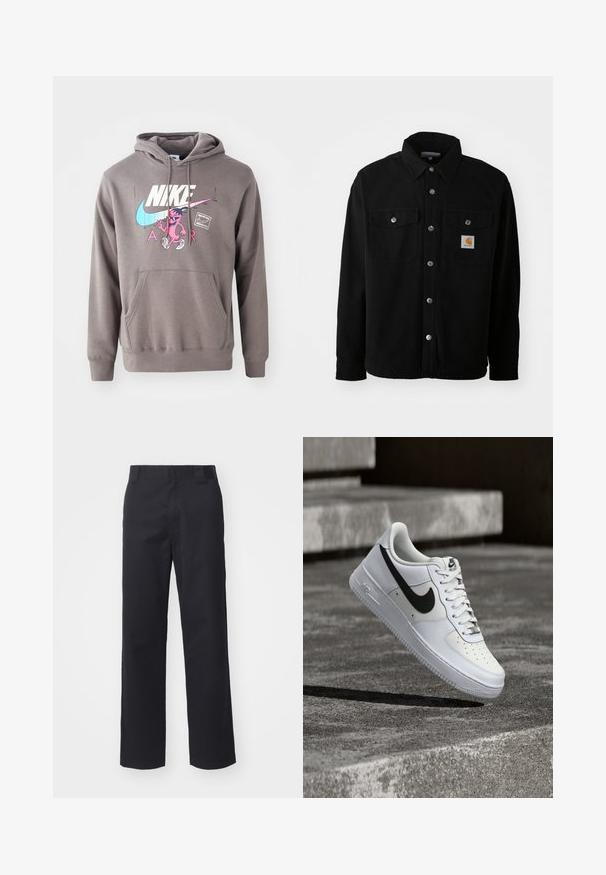 Must musta särk-jakk, millel on terav krae, metallist nööbid, kaks rinna taskut ja ruudukujuline logoäpp brändi jaoks vasakul taskul.; Hall koos taskuga hall kapuuts, millel on suur valge Nike logo, roosa tegelaskuju graafika ja helesinised aktsendid. Pehme materjal, reguleeritav kapuuts.; Mustad sirged püksid, mis on valmistatud puuvilla segust. Omab lamedat esiosa vööd koos vöökohtadega ja ilma nähtavate riistade või kaunistusteta.; Valge Nike Air Force 1 toss, millel on must swoosh, paelad seotud, paikneb õhus hallil tekstureeritud betoonpinnal välitingimustes.