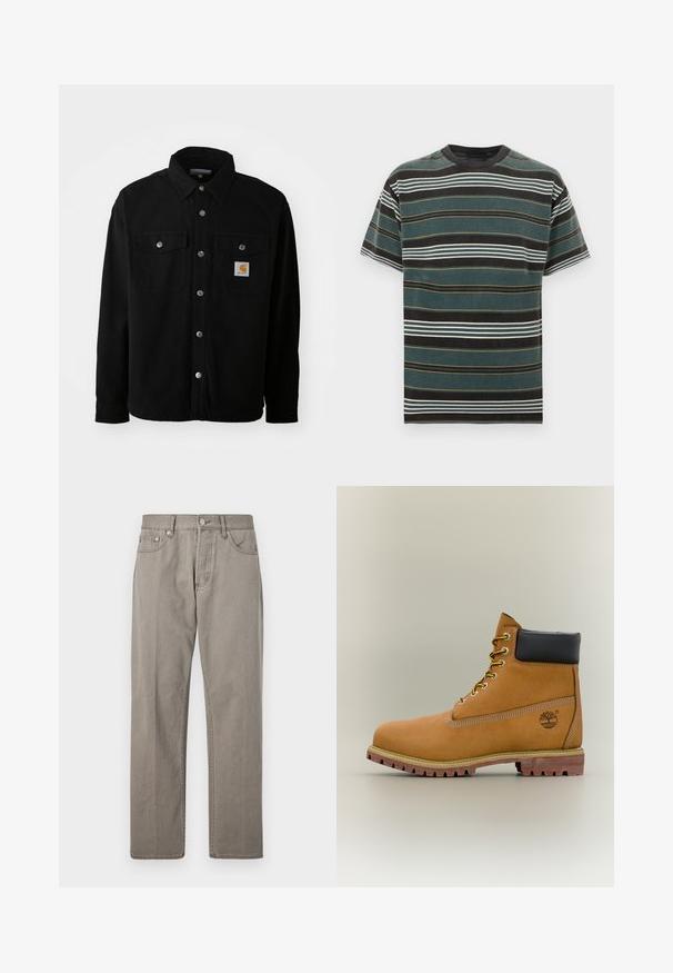 Chaqueta de camisa de algodón negra con cuello puntiagudo, botones de metal, dos bolsillos en el pecho y un parche cuadrado del logo en el bolsillo izquierdo.; Camiseta de manga corta con rayas en verde oscuro, negro y blanco con detalles en naranja. Presenta un cuello redondo y un ajuste relajado.; Pantalones de mezclilla gris con corte recto, que presentan un cierre de botón, bolsillos frontales y detalles de costura sutiles. Sin estampados ni desgastes.; Bota de tobillo de cuero marrón con cuello negro, cordones amarillos y suela beige. Presenta un logotipo y detalles de costura blanca. Suela exterior con tracción robusta.