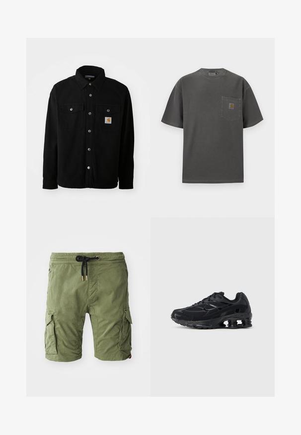 Schwarze Baumwollhemdjacke mit spitzem Kragen, Metallknöpfen, zwei Brusttaschen und einem quadratischen Logopatch auf der linken Tasche.; Dunkelgraues T-Shirt mit kurzen Ärmeln und Rundhalsausschnitt mit Brusttasche und kleinem rechteckigem Carhartt-Logo.; Olivegrüne Baumwoll-Cargo-Shorts mit seitlichen Taschen, einem Kordelzugbund mit goldfarbenen Beschlägen und einer weichen, strukturierten Oberfläche.; Schwarzer Sportschuh mit Obermaterial aus Mesh, gepolstertem Kragen und hervorgehobener Dämpfungstechnologie an der Ferse. Verfügt über strukturierte Akzente und Schnürsenkel.