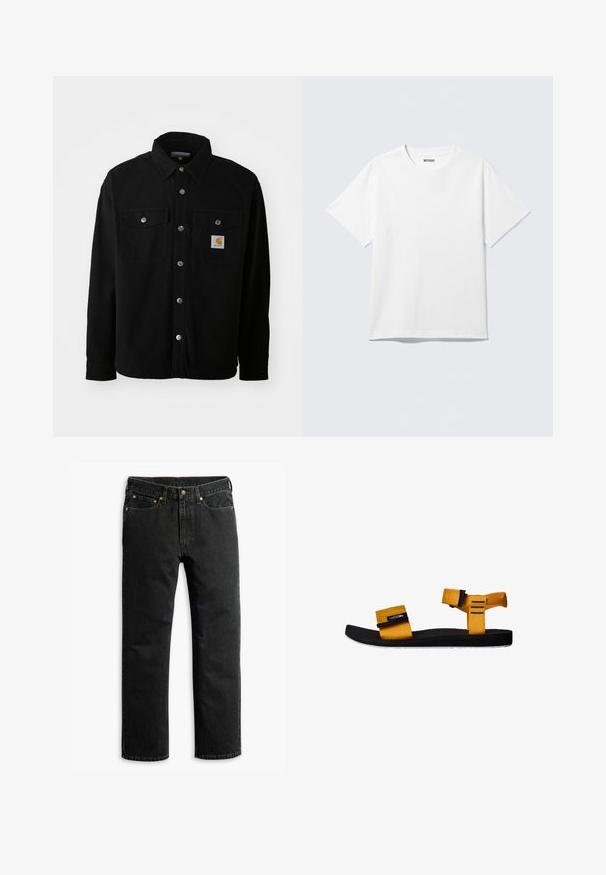 Schwarze Baumwollhemdjacke mit spitzem Kragen, Metallknöpfen, zwei Brusttaschen und einem quadratischen Logopatch auf der linken Tasche.; Weißes T-Shirt mit kurzen Ärmeln und Rundhalsausschnitt, flach liegend, schlichtes Design, mit „WEEKDAY“-Etikett innen im Kragen auf hellem Hintergrund.; Schwarze Jeans im geraden Schnitt mit fünf Taschen, Gürtelschlaufen und einem Knopfverschluss an der Taille, flach auf einem weißen Hintergrund ausgelegt.; Gelbe Stoffsandale mit zwei verstellbaren Riemen, schwarzer Gummisohle, strukturiertem Fußbett und weißem Außensohlen-Detail. Seitenansicht.