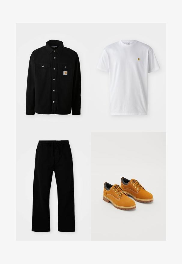 Zwarte katoenen shirtjack met een spitse kraag, metalen knopen, twee borstzakken en een vierkant logo patch op de linker zak.; Witte katoenen t-shirt met korte mouwen en ronde hals, voorzien van een klein gouden logo op de linkerkant van de borst. Zachte textuur en een normale pasvorm.; Zwarte broek met elastische tailleband en verstelbaar trekkoord, met wijde pijpen en een gladde katoentextuur. Geen zichtbare patronen of hardwaredetails.; Bruine suède schoenen met een ronde neus, gele veters, een gewatteerde zwarte kraag en rubberen zolen met gripgroeven.
