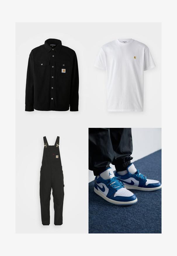 Zwarte katoenen shirtjack met een spitse kraag, metalen knopen, twee borstzakken en een vierkant logo patch op de linker zak.; Witte katoenen t-shirt met korte mouwen en ronde hals, voorzien van een klein gouden logo op de linkerkant van de borst. Zachte textuur en een normale pasvorm.; Zwarte katoen salopettes met verstelbare banden, een voorkantzak met logo patch en twee zijzakken in een relaxte pasvorm.; Nike Air Jordan sneakers hebben een witte leren basis met blauwe synthetische accenten, een geperforeerde neusdoos en blauwe veters.