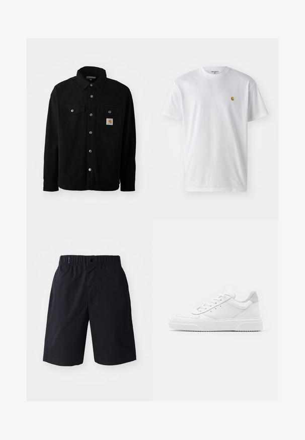 Zwarte katoenen shirtjack met een spitse kraag, metalen knopen, twee borstzakken en een vierkant logo patch op de linker zak.; Witte katoenen t-shirt met korte mouwen en ronde hals, voorzien van een klein gouden logo op de linkerkant van de borst. Zachte textuur en een normale pasvorm.; Zwarte shorts van lichtgewicht stof, met een rechte voorkant, een elastische tailleband en zijzakken. Eenvoudig ontwerp zonder patronen.; Witte leren sneakers met een gladde afwerking, ronde neus, platte veters en een gestructureerde zool. Grijze suède accent bij de hiel.