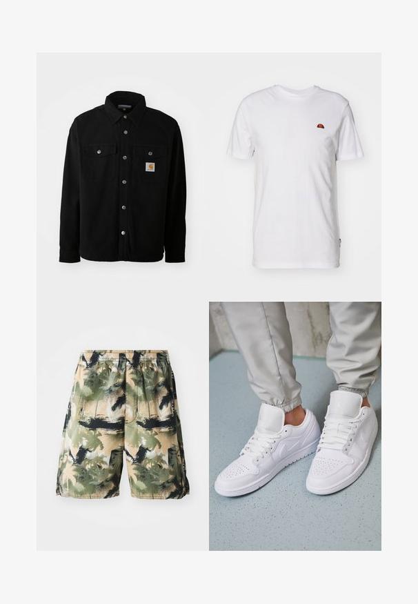 Zwarte katoenen shirtjack met een spitse kraag, metalen knopen, twee borstzakken en een vierkant logo patch op de linker zak.; Eenvoudig wit T-shirt met korte mouwen met een klein rood-oranje halve cirkel logo op het bovenste linkerborstgedeelte.; Zwemshorts voor heren van een lichtgewicht, ademend materiaal met een tropisch palm patroon in groen, zwart en beige. Inclusief een elastische tailleband.; Witte leren sneakers met een geperforeerde neus, platte veters, een gepolsterde kraag en het Jordan-logo op de tong. Gediend met grijze joggers.