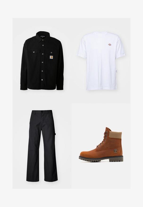 Schwarze Baumwollhemdjacke mit spitzem Kragen, Metallknöpfen, zwei Brusttaschen und einem quadratischen Logopatch auf der linken Tasche.; Weißes Baumwoll-T-Shirt mit V-Ausschnitt und kurzen Ärmeln. Besitzt ein kleines, buntes, gesticktes Logo auf der linken Brustseite. Weiches Material.; Schwarze, weite Hosen aus robustem Stoff. Verfügt über einen Knopfverschluss und Seitentaschen. Glatte Textur mit einem schlichten Design.; Timberland Schnürstiefelette - medium orange