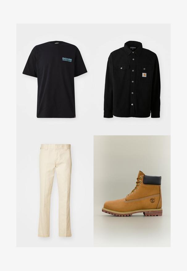 Schwarze Baumwollhemdjacke mit spitzem Kragen, Metallknöpfen, zwei Brusttaschen und einem quadratischen Logopatch auf der linken Tasche.; Schwarzes Baumwoll-T-Shirt mit kurzen Ärmeln, das ein blaues "DICKIES WORKWEAR COMPANY"-Logo auf der linken Brust trägt. Klassischer Rundhalsausschnitt.; Beige Baumwollhose mit geradem Schnitt, ausgestattet mit einem Reißverschluss, Gürtelschlaufen und Taschen. Glatte Textur mit minimalem Nähdetail.; Brauner Leder-Stiefelette mit schwarzem Kragen, gelben Schnürsenkeln und hellbrauner Sohle. Verfügt über ein Logo und weiße Ziernähe. Robuste Profilsohle.