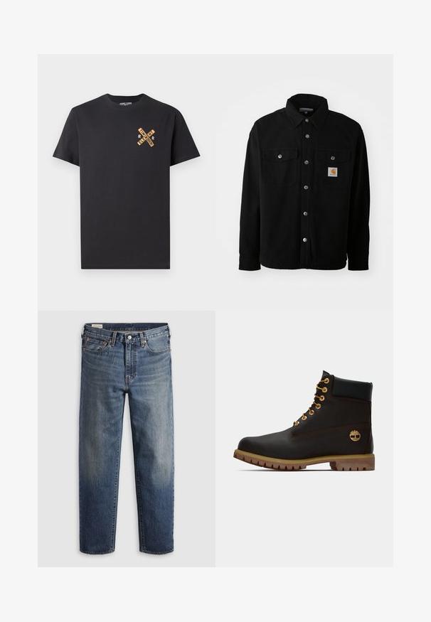 Schwarze Baumwollhemdjacke mit spitzem Kragen, Metallknöpfen, zwei Brusttaschen und einem quadratischen Logopatch auf der linken Tasche.; Schwarzes Baumwoll-T-Shirt mit einem grafischen Design in Orange, das die Worte "ELEMENT" und "REMEMBER" in einem Kreuzmuster auf der Brust zeigt.; Dunkelblaue Jeans aus Denim mit lockerem Sitz, geraden Beinen, Fünf-Taschen-Design und dezentem Used-Look an den Oberschenkeln. Silberner Knopf und Nieten.; Schwarze Leder-Ankle-Boots mit goldenen Ösen, braunen Akzenten und einer Gummisohle. Verfügt über einen gepolsterten Schaft und ein geprägtes Logo an der Seite.
