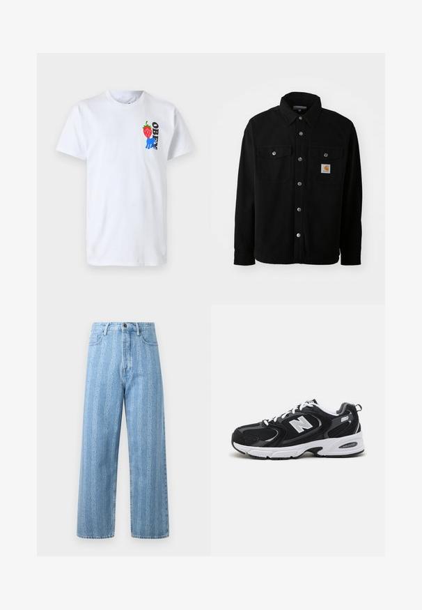 Chaqueta de camisa de algodón negra con cuello puntiagudo, botones de metal, dos bolsillos en el pecho y un parche cuadrado del logo en el bolsillo izquierdo.; Camiseta de algodón blanca con un gráfico de fresa roja, una ilustración de mano azul y la palabra "OBEY" en negro en la parte izquierda del pecho.; Jeans de mezclilla azul claro con un diseño de pierna ancha, presentando un patrón de cadena repetido. Estilo clásico de cinco bolsillos y detalle de botón de metal.; Zapatillas deportivas en negro y gris con parte superior de malla y ante, que cuentan con una entresuela blanca, cordones y un llamativo logo "N" en el lateral.