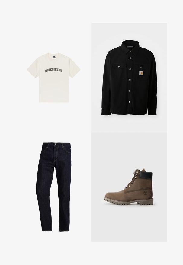 Sort bomulds skjortejakke med spids krave, metal knapper, to brystlommer og et firkantet logo patch på venstre lomme.; Kræmfarvet bomulds t-shirt med korte ærmer og rund halsudskæring. Beskåret med "QUIKSILVER" logoet i sort, trykt hen over brystet.; Mørkeblå denim jeans med lige pasform, med gul syning, fem lommer og en klassisk knap- og lynlås lukning.; Brune læder ankelstøvle med sort krave, metaløjer og slidstærk grå sål. Har logo på siden og syet detaljer.
