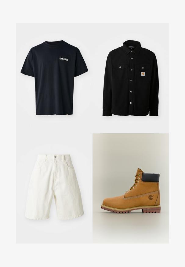Chaqueta de camisa de algodón negra con cuello puntiagudo, botones de metal, dos bolsillos en el pecho y un parche cuadrado del logo en el bolsillo izquierdo.; Camiseta negra de manga corta hecha de algodón, con un logo gráfico de texto blanco en el lado izquierdo del pecho, corte recto y una etiqueta en el lateral.; Pantalones cortos de mezclilla blanca con un ajuste relajado, que cuentan con cinturilla, cinco bolsillos y piernas rectas. La tela tiene una ligera textura.; Bota de tobillo de cuero marrón con cuello negro, cordones amarillos y suela beige. Presenta un logotipo y detalles de costura blanca. Suela exterior con tracción robusta.