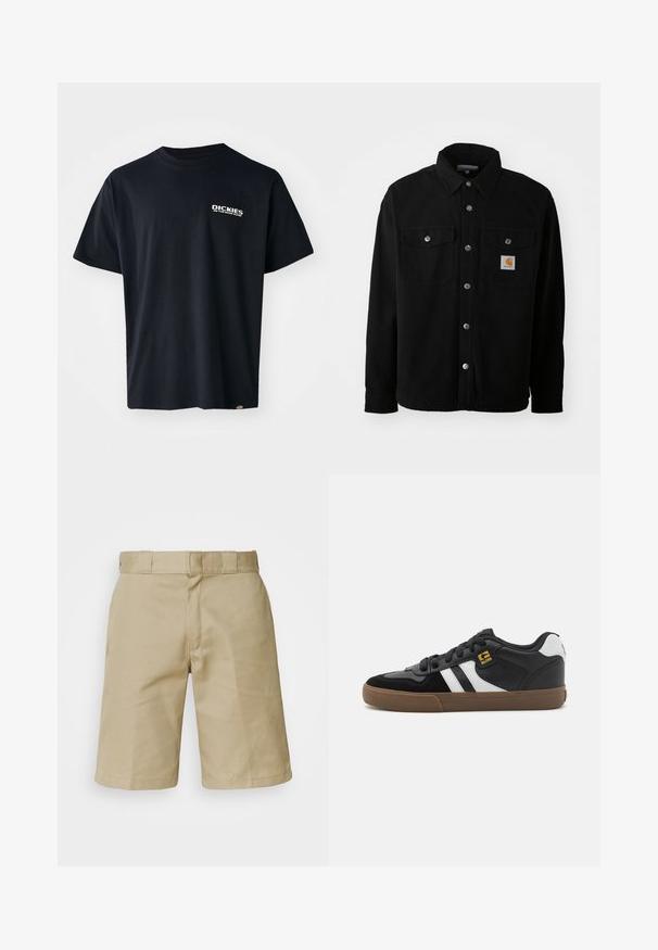 Sort bomulds skjortejakke med spids krave, metal knapper, to brystlommer og et firkantet logo patch på venstre lomme.; Sort kortærmet t-shirt lavet af bomuld, med et hvidt grafisk tekstlogo på venstre bryst, lige snit og et mærke på siden.; Khaki shorts med flad frontdesign, syet talje med bæltesløjfer og to sidelommer. Fremstillet af letvægtsstof.; Sorte og hvide sneakers med overdel i ruskind og læder, der har hvide striber, sorte snørebånd og en brun gummisål. Guld logo detaljer.