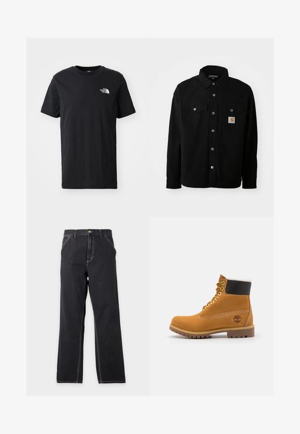 Zwarte katoenen shirtjack met een spitse kraag, metalen knopen, twee borstzakken en een vierkant logo patch op de linker zak.; Zwart katoenen T-shirt met korte mouwen, ronde hals, met een klein wit logo op de linkerkant van de borst. Zachte textuur, casual pasvorm.; Zwarte jeans met rechte pijpen, voorzakken, riemlussen en zichtbare witte stiksels op een effen lichtgrijze achtergrond.; Bruine leren enkellaars met metalen oogjes, witte faux bont voering, zwarte gewatteerde kraag, robuuste zool en een reliëflogo aan de zijkant.