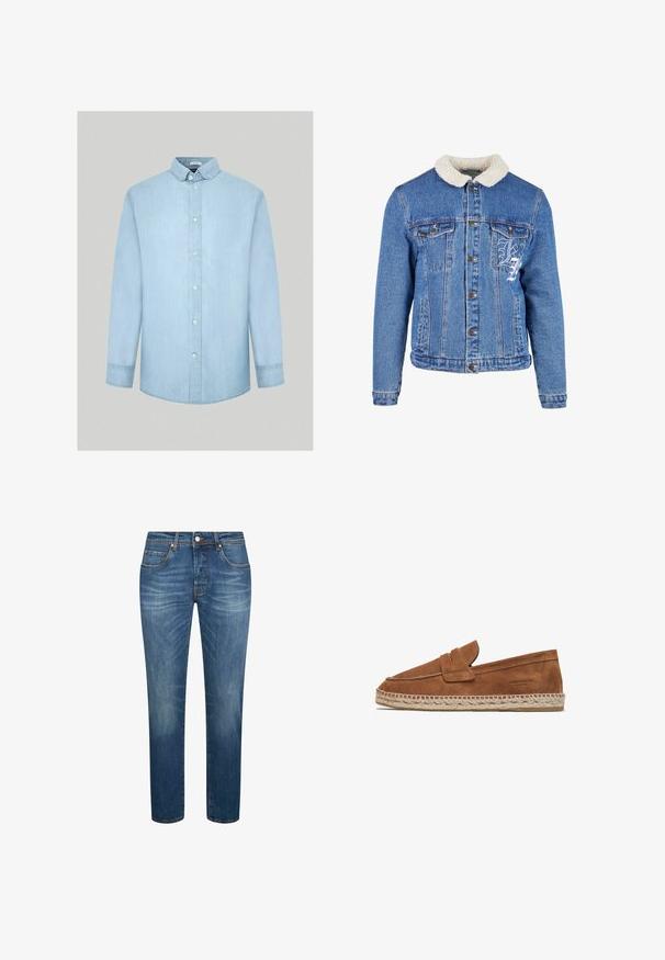 Denim jacket met een sherpa kraag, blauwe kleur, twee borstzakken, knopen aan de voorkant en geborduurde details aan de onderlinke kant.; Lichtblauwe spijkerblouse met lange mouwen, button-down kraag, knopen aan de voorkant en een gladde, egale textuur. Geen patronen of extra accenten.; Donkerblauwe denim jeans met een recht model, voorzien van vijf zakken, subtiele vervading en oranje stiksels die de naden accentueren.; Bruine suède instapper met een gestikte jute zool en een ronde neus. Veredeld met een decoratieve band over de voorkant.