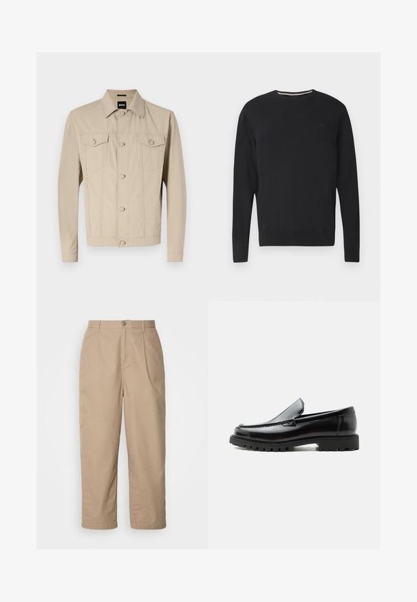 Beige denimjakke med klassisk krave, frontlukning med knapper og to brystlommer; har sømdetaljer og lange ærmer.; Sort langærmet rundhalset sweater med subtilt "BOSS"-logo på brystet, ribstrikkede ærmeafslutninger og kant, vist på hvid baggrund.; Beige, lette bomuldsbukser med plisset front, knaplukning og lige ben, der har en glat tekstur og ingen synlige mønstre.; Sort læderloafer med chunky gummisål, syet overdel og præget mærkenavn på hælen, vist i sideprofil på hvid baggrund.