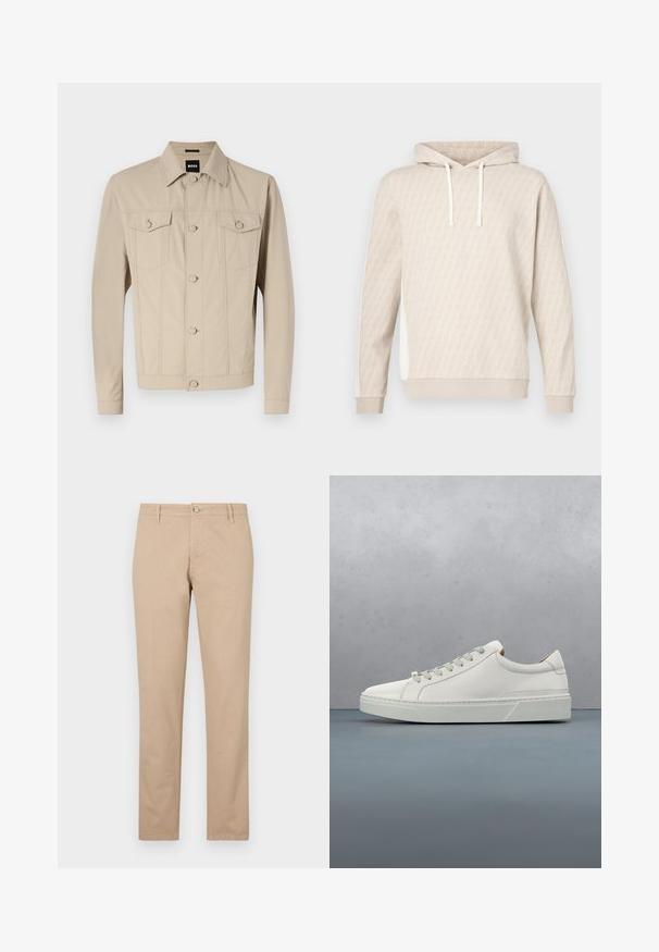 Beige denimjakke med klassisk krave, frontlukning med knapper og to brystlommer; har sømdetaljer og lange ærmer.; Beige hættetrøje med et diskret geometrisk mønster, snøre i hætten, ribstrikkede ærmeender og sidepaneler. Blød tekstur, afslappet design.; Beige bukser lavet af bomuld med lige ben, der har en frontknaplukning, sidelommer og subtile teksturdetaljer.; Hvid lædersneaker med rund tå, minimalistisk design, grå snørebånd og en tekstureret grå gummisål. Subtile syningsdetaljer er synlige.