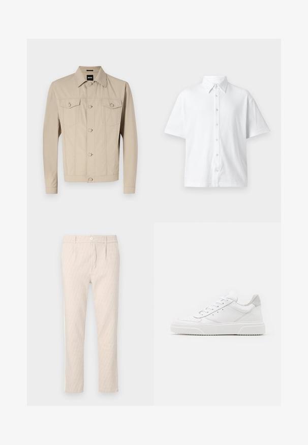 Veste en denim beige avec un col classique, fermeture à boutons sur le devant et deux poches poitrine ; présente des détails de couture et des manches longues.; Chemise blanche à manches courtes et à boutons, en tissu texturé avec un col classique et un motif à rayures. Six boutons sur le devant.; Pantalon beige à motifs avec un design discret de feuilles, bien coupé, fermeture par bouton et poches latérales. Texture de tissu lisse.; Des baskets en cuir blanc avec une finition lisse, un bout rond, des lacets plats et une semelle texturée. Accents en daim gris au niveau du talon.