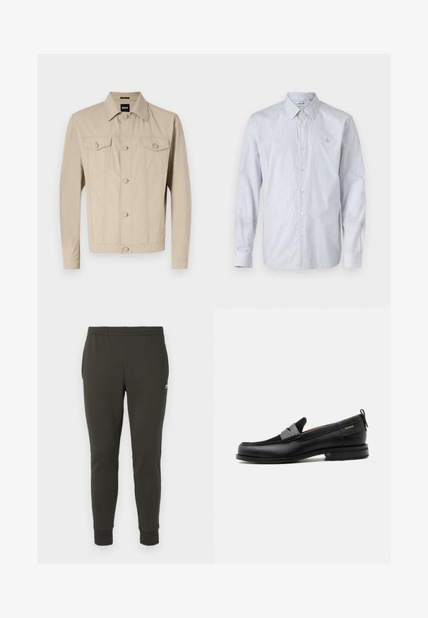 Veste en denim beige avec un col classique, fermeture à boutons sur le devant et deux poches poitrine ; présente des détails de couture et des manches longues.; Chemise à manches longues rayée en mélange de coton bleu clair et blanc. Dotée d'une fermeture à boutons, d'un col classique et d'un petit logo brodé sur la poitrine.; Jogging en vert foncé en tissu doux, avec une taille élastique, des poignets côtelés et un petit logo sur le côté.; Mocassin en cuir noir avec détail de bride grise, talon bas et semelle texturée, marqué "HUGO" en or sur le côté.