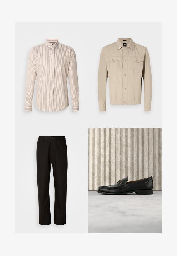 Veste en denim beige avec un col classique, fermeture à boutons sur le devant et deux poches poitrine ; présente des détails de couture et des manches longues.; Chemise à boutons rayée beige et marron clair. Manches longues, col classique, boutons sur le devant, et petit logo sur la poitrine. Tissu en coton.; Pantalon en coton noir avec une coupe droite, des passants de ceinture, une fermeture éclair à l'avant et un seul bouton. Texture lisse sans motifs visibles.; Mocassin en cuir noir avec mors en métal doré et logo "HUGO", présenté sur un tapis beige et un meuble translucide marron.