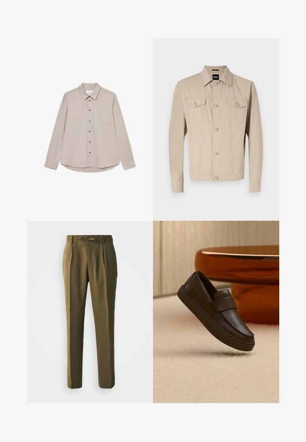 Beige Jeansjacke mit klassischem Kragen, Vorderknopfverschluss und zwei Brusttaschen; mit Nahtdetails und langen Ärmeln.; Braun- und beige kariertes Langarmhemd mit Button-Down-Kragen, Brusttasche und braunen Knöpfen, mit abgerundetem Saum.; Olivgrüne Hosen aus weichem Material, mit einer lockeren Passform, gefalteter Vorderseite und einem elastischen Bund mit passendem Kordelzug.; Ein einzelner dunkelbrauner Ledermokassin, der über einem cremefarbenen Teppich mit rundem orangefarbenem Tisch im Hintergrund schwebt.