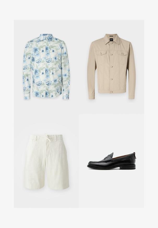 Veste en denim beige avec un col classique, fermeture à boutons sur le devant et deux poches poitrine ; présente des détails de couture et des manches longues.; Chemise à manches longues en tissu léger, ornée de fleurs aquarelles bleu et vert, avec des boutons et un col classique.; Shorts beige clair en tissu doux et texturé. Dotés d'une taille élastique avec cordon de serrage et d'une poche avant unique.; Mocassin homme en cuir noir avec couture moc toe, bride penny, col texturé et petit talon empilé sur fond blanc.
