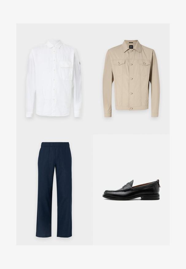 Veste en denim beige avec un col classique, fermeture à boutons sur le devant et deux poches poitrine ; présente des détails de couture et des manches longues.; Chemise blanche en lin à manches longues avec un devant boutoné, un col pointu, une poche poitrine simple et un logo sur la manche. Texture douce.; Pantalons larges bleu marine avec une taille élastique, comprenant deux poches avant et un tissu lisse et léger.; Mocassin homme en cuir noir avec couture moc toe, bride penny, col texturé et petit talon empilé sur fond blanc.