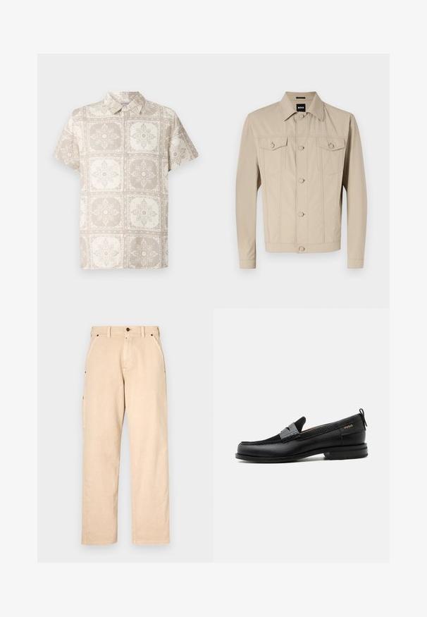 Beige denimjakke med klassisk krave, frontlukning med knapper og to brystlommer; har sømdetaljer og lange ærmer.; Kortærmet skjorte med knapper i beige med et gentaget blomsterdesign. Fremstillet af et let stof med et naturligt, struktureret udseende.; Beige bomuldsbukser med lige ben, der har sidelommer, bæltestropper og knaplukning foran. Glat tekstur, minimalistisk design.; Sort læderloafer med grå remdetalje, lav hæl og tekstureret sål, mærket med "HUGO" i guld på siden.